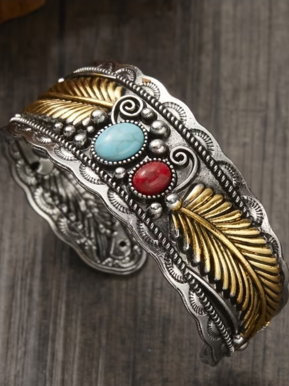NWOT- Women's Silver & Gold Feather Cuff Bracelet with Turquoise and Red Stones.